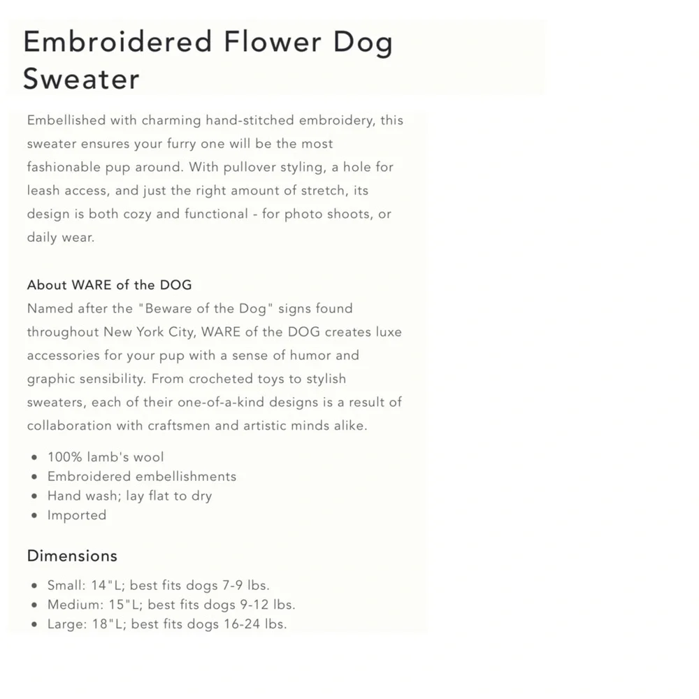 Anthropologie Embroidered Flower Dog Sweater